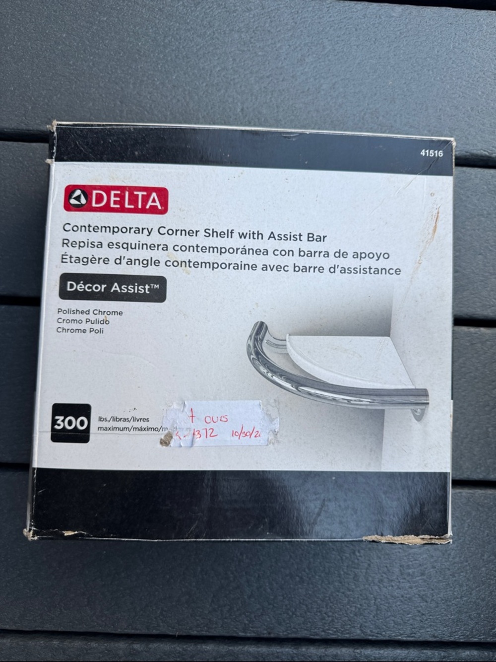 Delta Polished Chrome Corner Shelf with Assist Bar, NEW